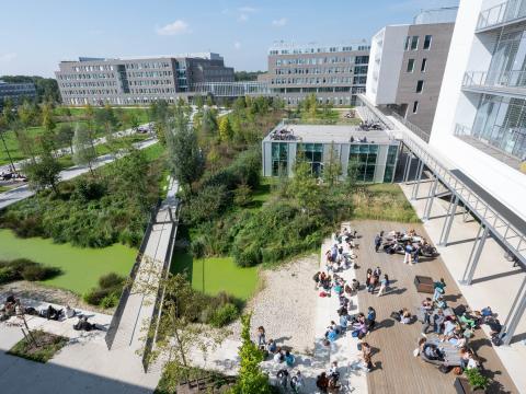 Des étudiantes et étudiants dans les jardins du Campus Agro Paris-Saclay